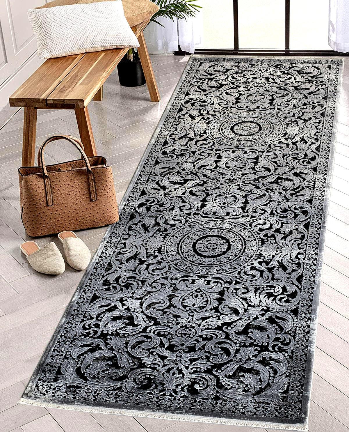 Rugslane Black Floral Runner Carpet 3.2ft X 10ft