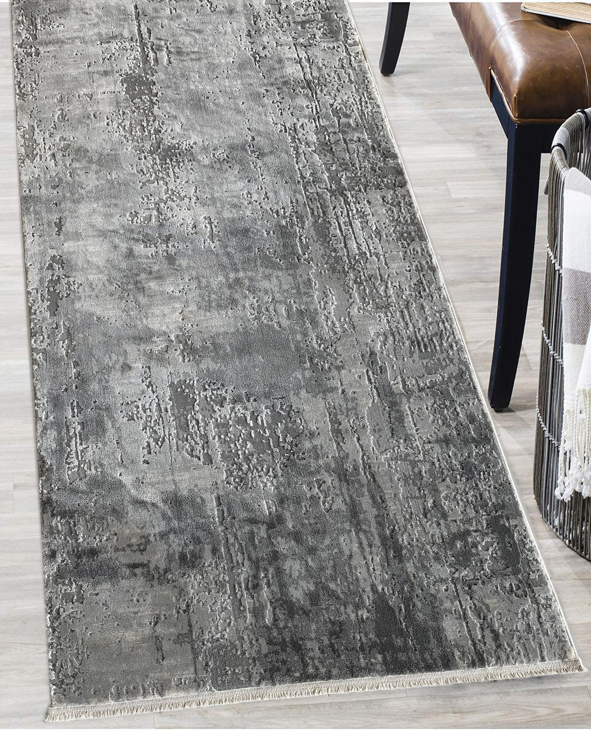 Rugslane Grey Silver Abstract Runner Carpet 3.2ft X 6.8ft