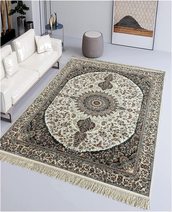 Rugslane Irani White Ground White Border Traditional Design High Quality Super Premium Silk Carpet 5ft X 7ft