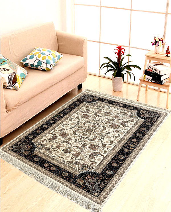 Rugslane Irani White Ground Black Border Traditional Design High Quality Super Premium Silk Carpet 4ft X 6ft