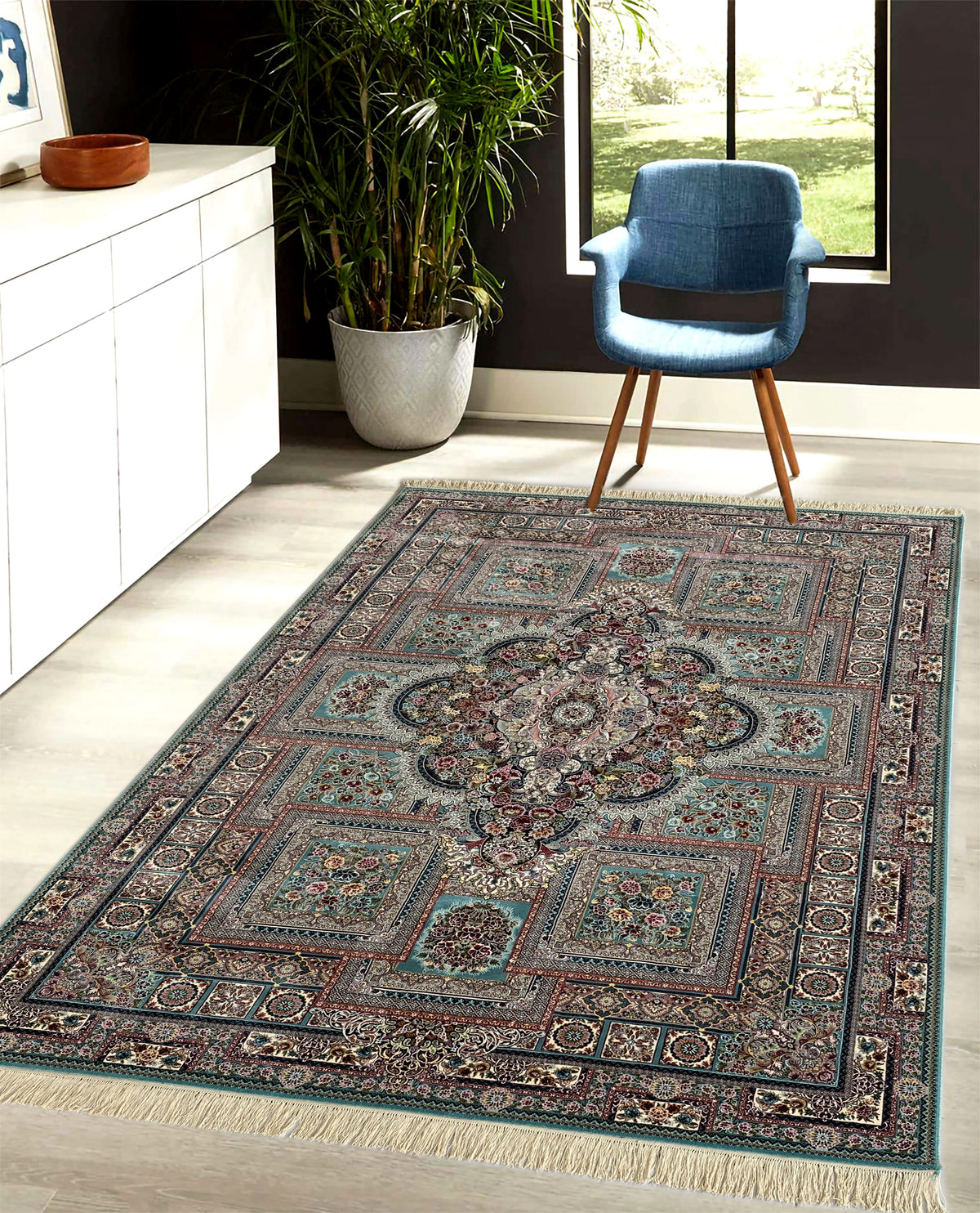 Rugslane Irani Turquoise Color Traditional Design High Quality Super Premium Silk Floral Carpet