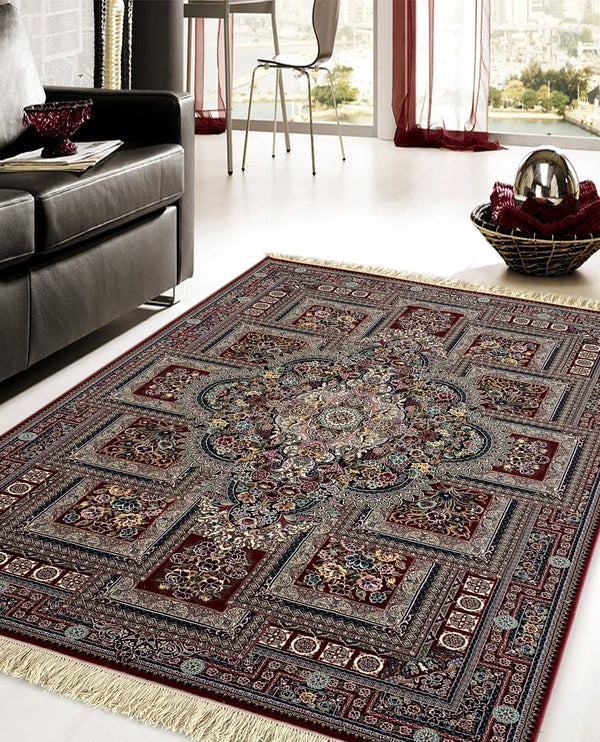 Rugslane Irani Red Color Traditional Design High Quality Super Premium Silk Carpet 5 ft x 7 ft