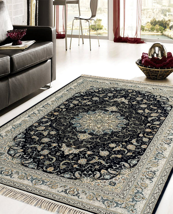 Rugslane Irani Black Ground Silver Border Traditional Design High Quality Premium Silk Floral Carpet 5.0ft X 7.5ft