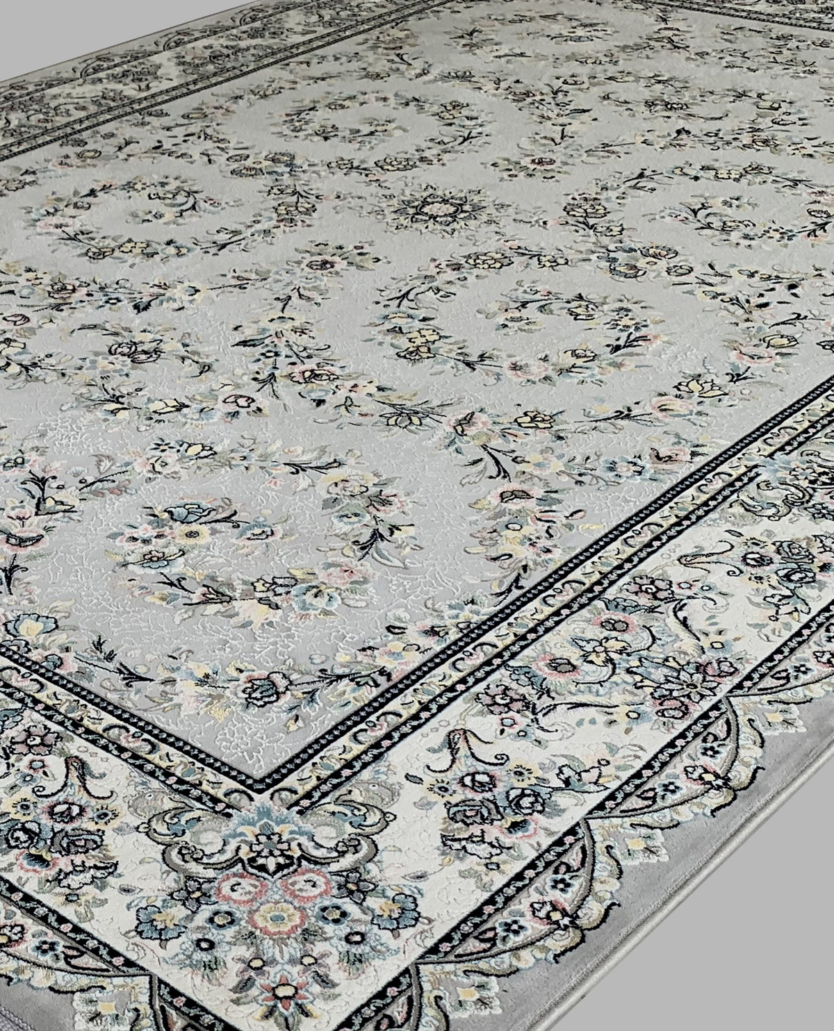 Rugslane Irani Silver Ground White Border Traditional Design High Quality Super Premium Silk Carpet 5 ft 7.5 ft