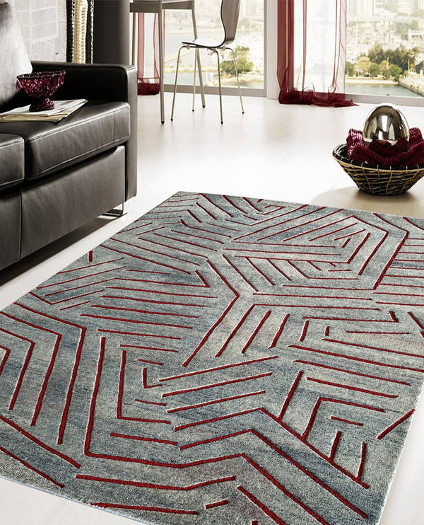 Rugslane Silver & Red Color Modern Design 100% New Zealand Wool Handmade Carpet 5ft X 7ft