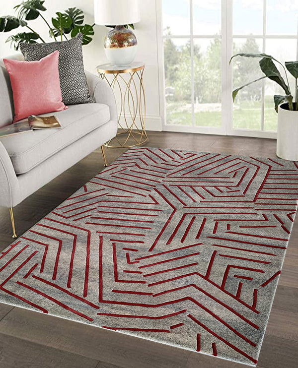 Rugslane Grey Textured Modern Wool Viscose Geometric Design Handmade Carpet 5ft X 7ft