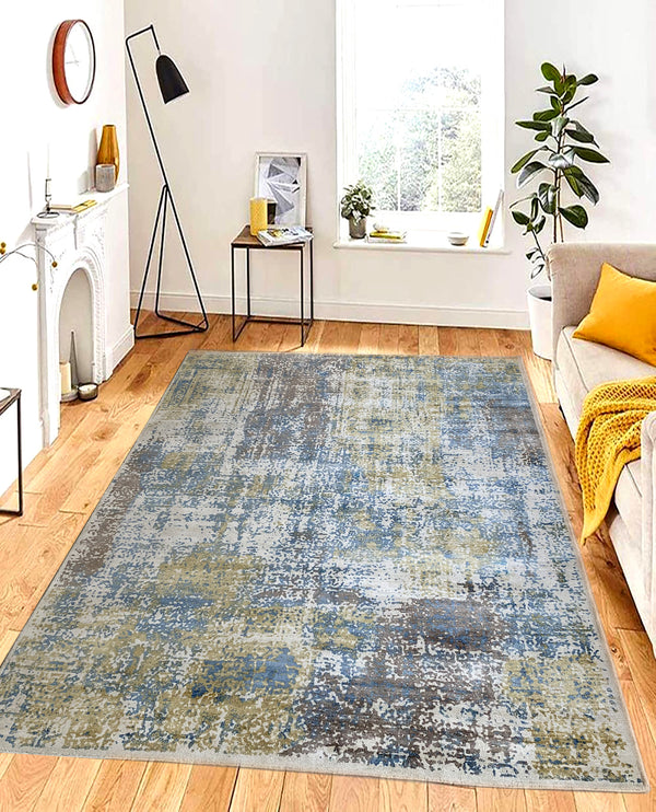 Rugslane Moderno Blue Gold Abstract Luxurious 100% Viscose Carpet 8ft X 10ft
