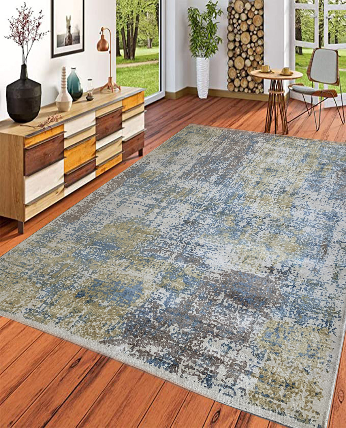 Rugslane Moderno Blue Gold Abstract Luxurious 100% Viscose Carpet 8ft X 10ft