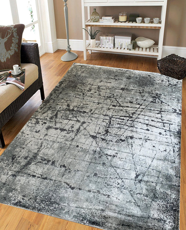 Rugslane Moderno Grey Abstract Design Luxurious 100% Banana Silk Carpet 8 ft X 10 ft