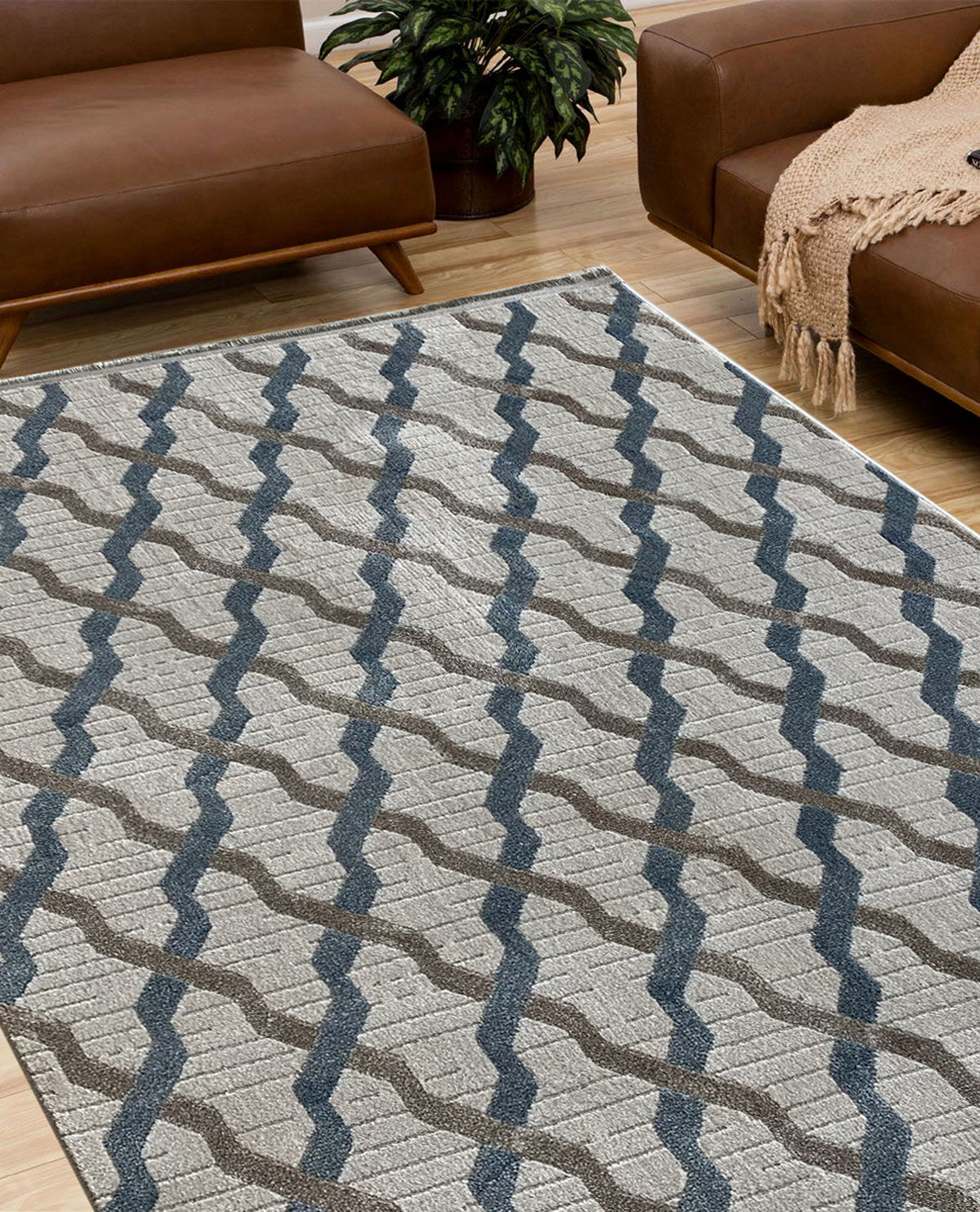Rugslane Beige Blue Modern Carpet 5.3ft X 7.3ft