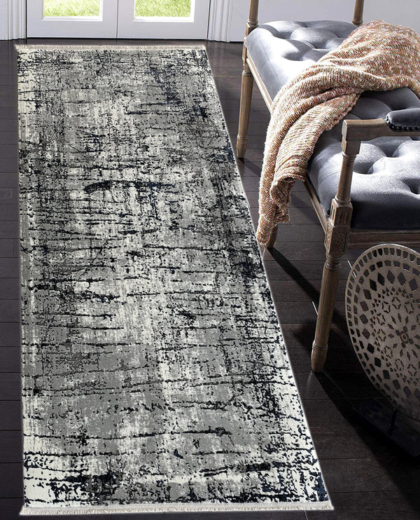Rugslane Grey White Abstract Runner Carpet 3.2ft X 6.8ft