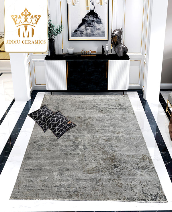 Rugslane Supreme Silver Grey Erased Damask Design Premium Botanical Silk Carpet